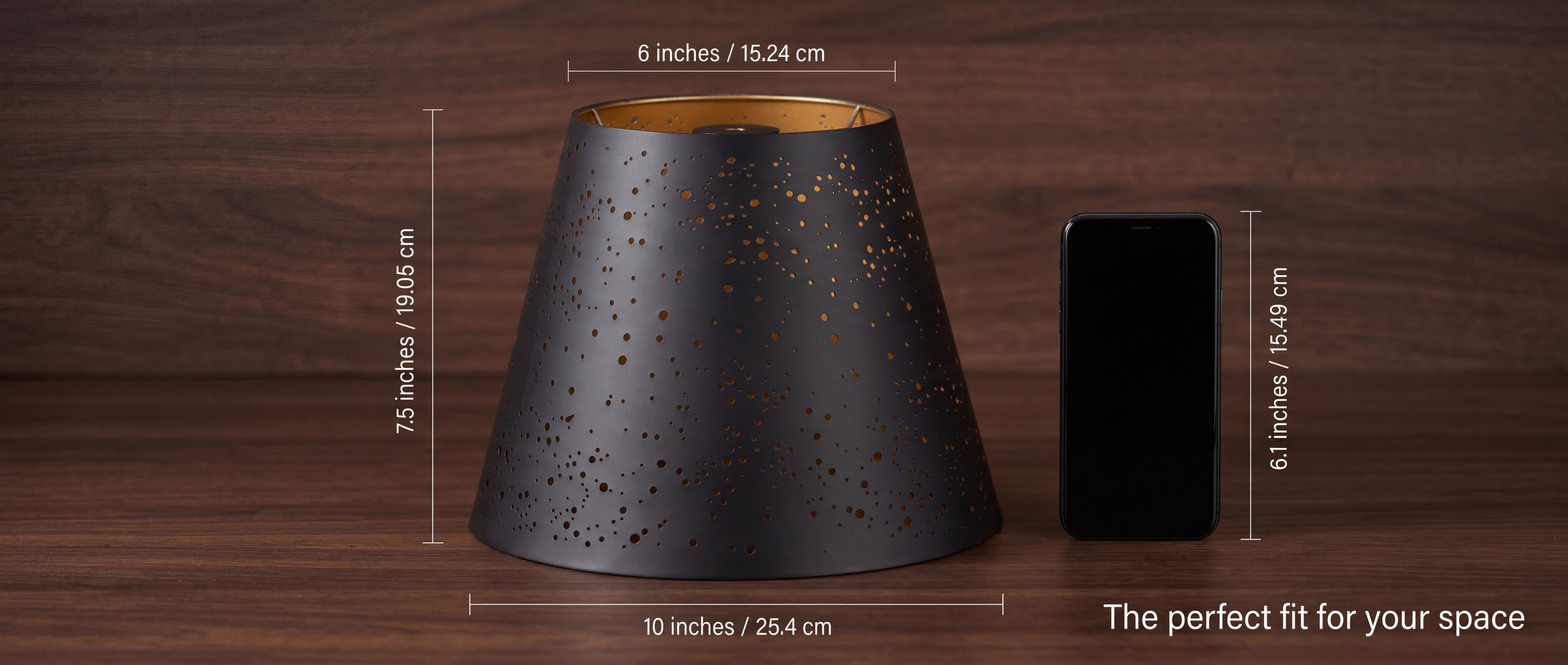Small Stars Etched Lampshade - The Perfect Fit For Your Space, Size Dimensions: Top Diameter 6 inches (15.24 cm), Bottom Diameter 10 inches (25.4 cm), Height 7.5 inches (19.05 cm), Reference Smartphone 6.1 inches, Black and Gold Celestial Star Pattern Metal Lamp Shade, 6x10x7.5 inches Replacement Lamp Shade for Table Lamps and Decorative Lighting Fixtures