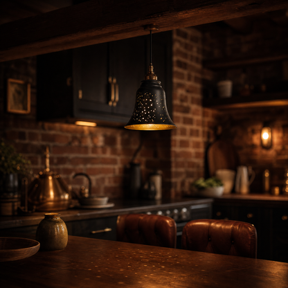 4-Pack Metal Lamp Shades with Delicate Starlight Etching - Black Exterior with Warm Gold Interior, Bell Shape 4.72"x4.72" Replacement Shades for Chandeliers and Pendant Lights, Industrial Kitchen Ambient Lighting, Standard 1-5/8" Fitter