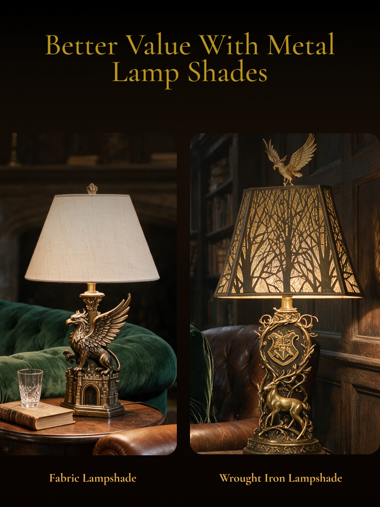 Metal lamp shade compared with a traditional fabric lampshade, highlighting decorative metal construction and vintage character.