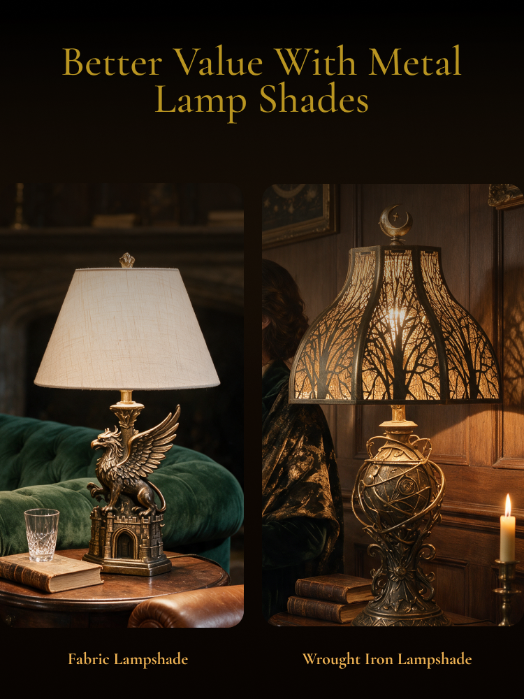 Metal lamp shade compared with a traditional fabric lampshade, highlighting decorative metal construction and vintage style.