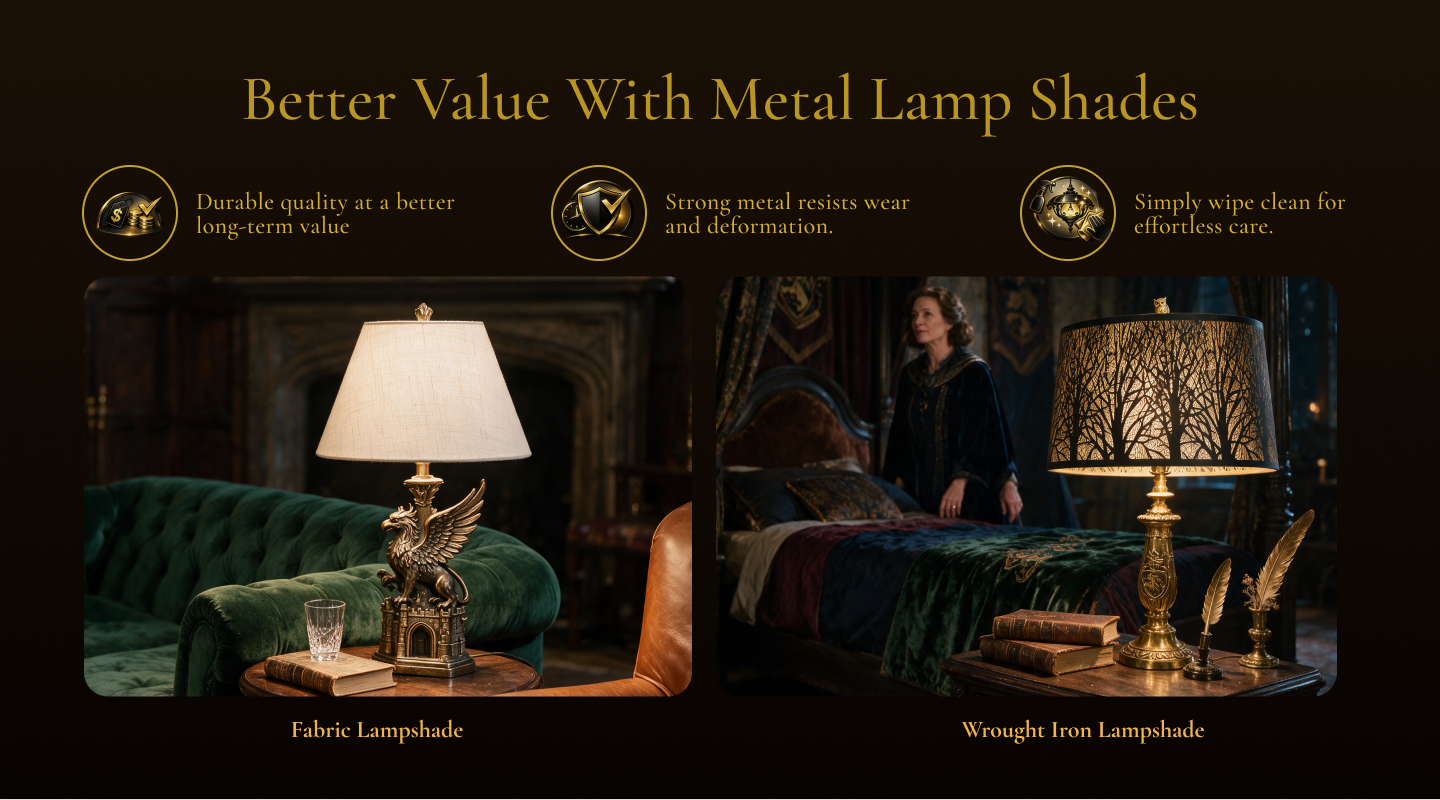 Metal lamp shades for antique lamps compared with traditional fabric shades, highlighting durability, decorative shadows, and warm lighting effects.
