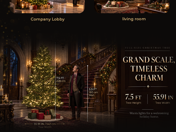 7.5-foot (228 cm) artificial Christmas tree with a 55.91-inch (142 cm) width, shown beside an adult man to illustrate its full-size proportions.