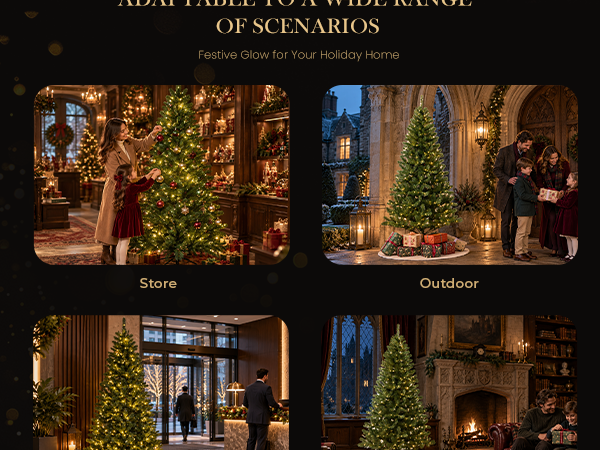 Green pre-lit artificial Christmas tree displayed in a retail store, outdoor courtyard, company lobby, and living room for seasonal holiday decoration.