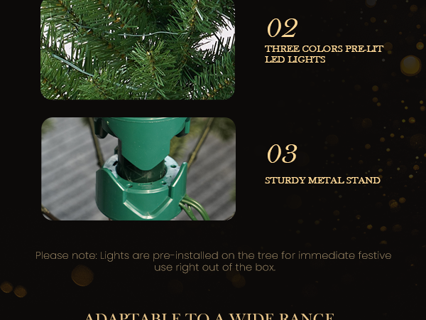 Artificial spruce Christmas tree detail images showing green evergreen branches, pre-installed LED light components, and the green metal stand connector.