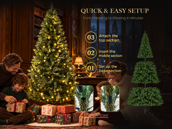 Three-step assembly guide for a pre-lit artificial Christmas tree, showing the base, middle, and top sections with a family enjoying holiday gifts beside the illuminated tree.