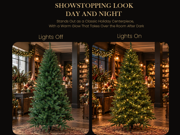 Side-by-side comparison of a green artificial Christmas tree with LED lights switched off and on, highlighting its natural evergreen appearance and warm festive glow.