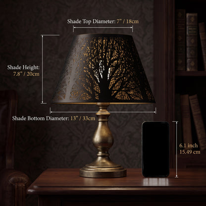 Modern Forest Etched Metal Lamp Shade Size Reference - Shade Top Diameter 7" (18cm), Shade Bottom Diameter 13" (33cm), Shade Height 7.8" (20cm), Compared to Standard 6.1" Smartphone (15.49cm), Black Metal Shade on Vintage Brass Table Lamp on Wood Desk, Black Exterior with Gold Interior for Warm Ambient Lighting, 7"x13"x7.8" Replacement Shade for Table Lamps and Floor Lamps