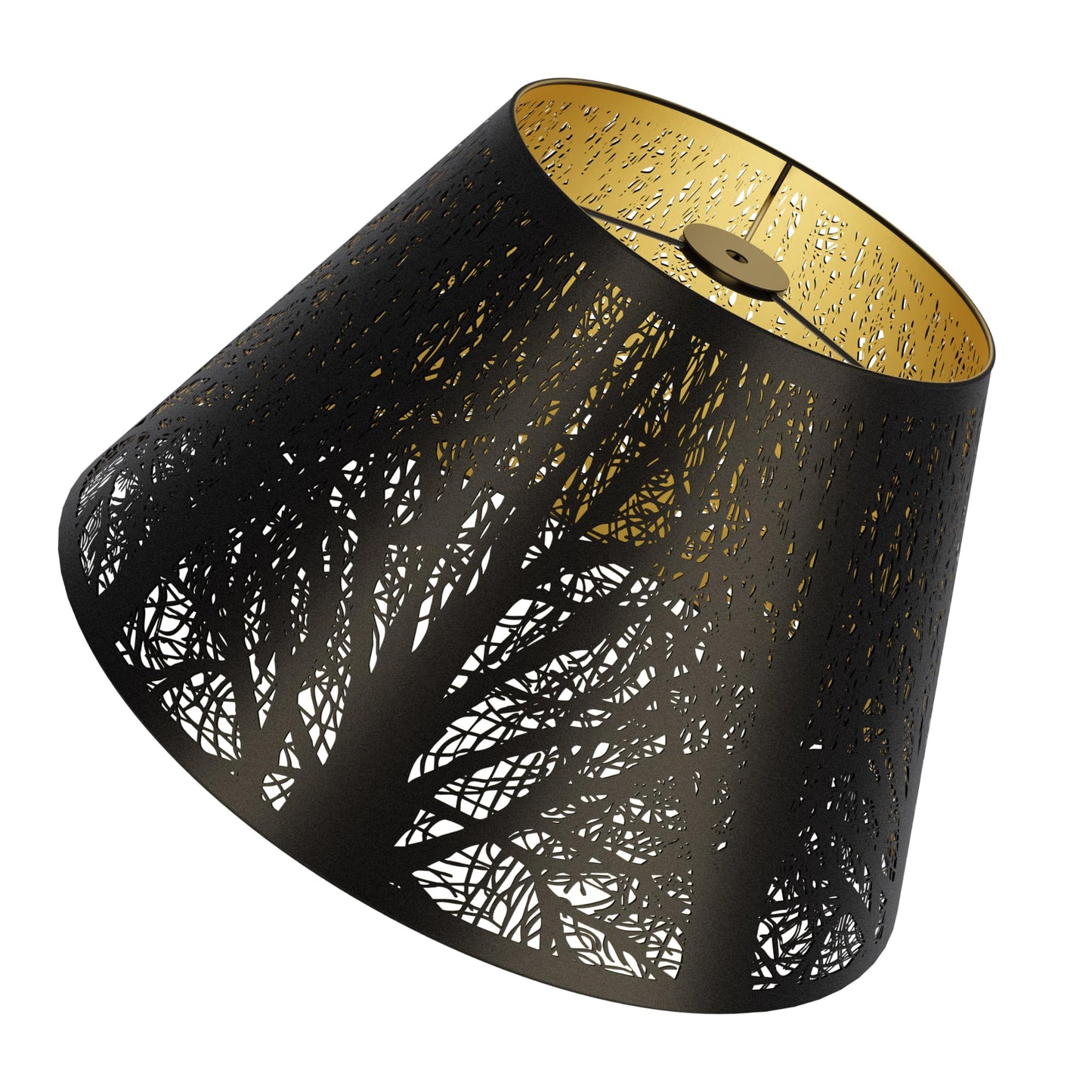 Forest etched metal lampshade used in modern and vintage interiors creating elegant ambient home lighting atmosphere