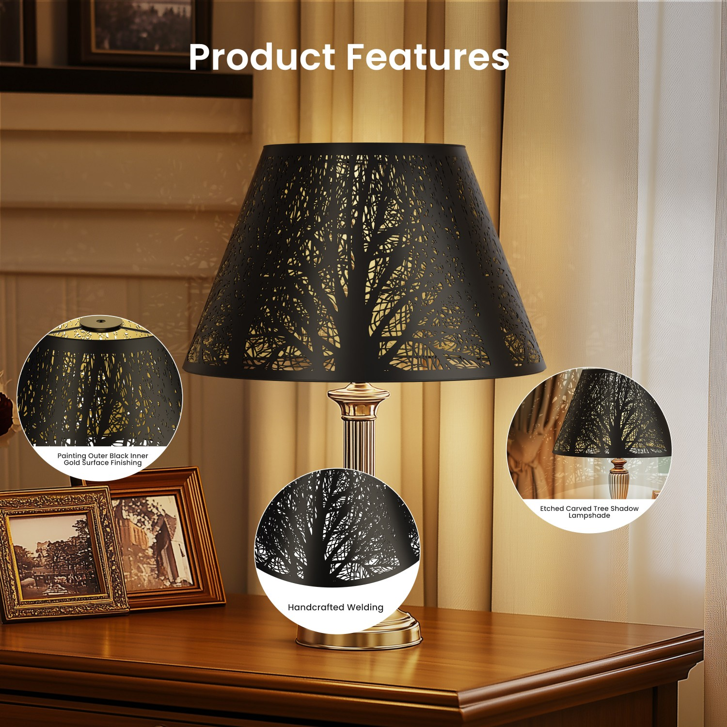 Modern forest etched lampshade size reference showing 7 by 13 by 7.8 inch dimensions for lighting compatibility