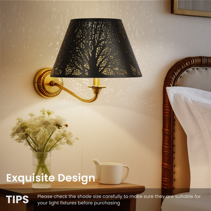 Modern forest etched lampshade angled view showing black and gold finish with decorative metal lighting design