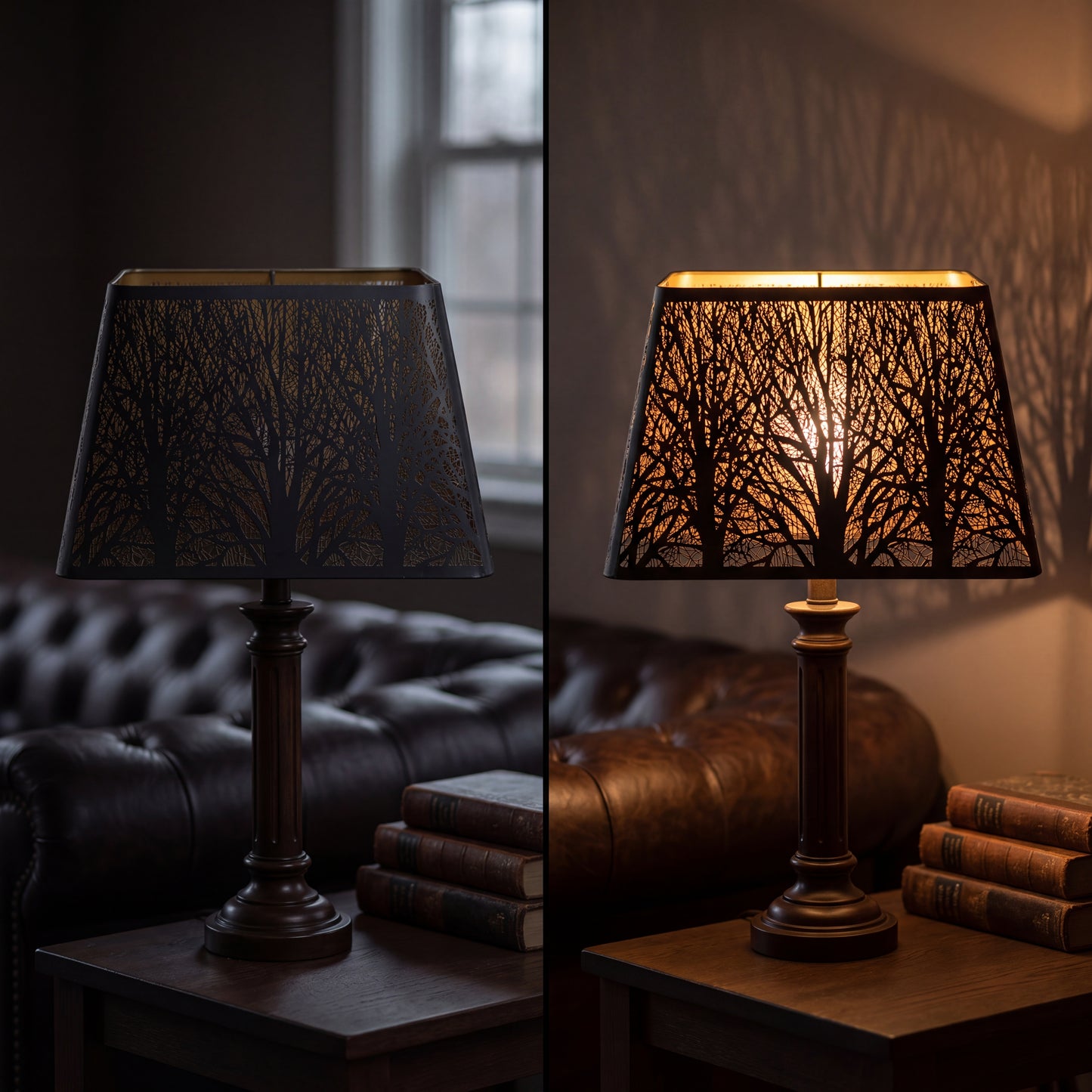 Modern square metal lamp shade on and off comparison, black matte exterior warm gold interior woodland texture, industrial minimalist replacement lamp shade for table lamp