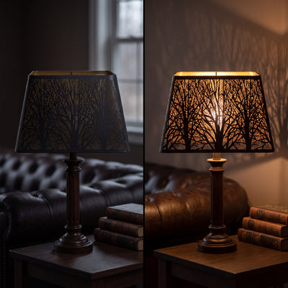 Modern square metal lamp shade on and off comparison, black matte exterior warm gold interior woodland texture, industrial minimalist replacement lamp shade for table lamp