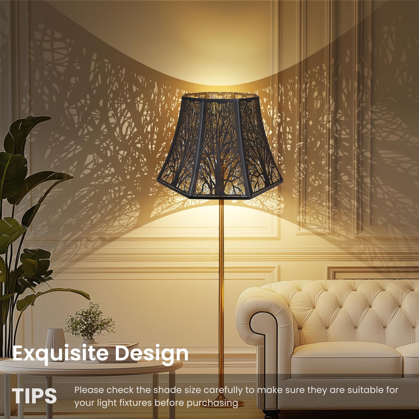 Beveled octagon metal lampshade showing geometric structure with black exterior and warm gold interior lighting effect