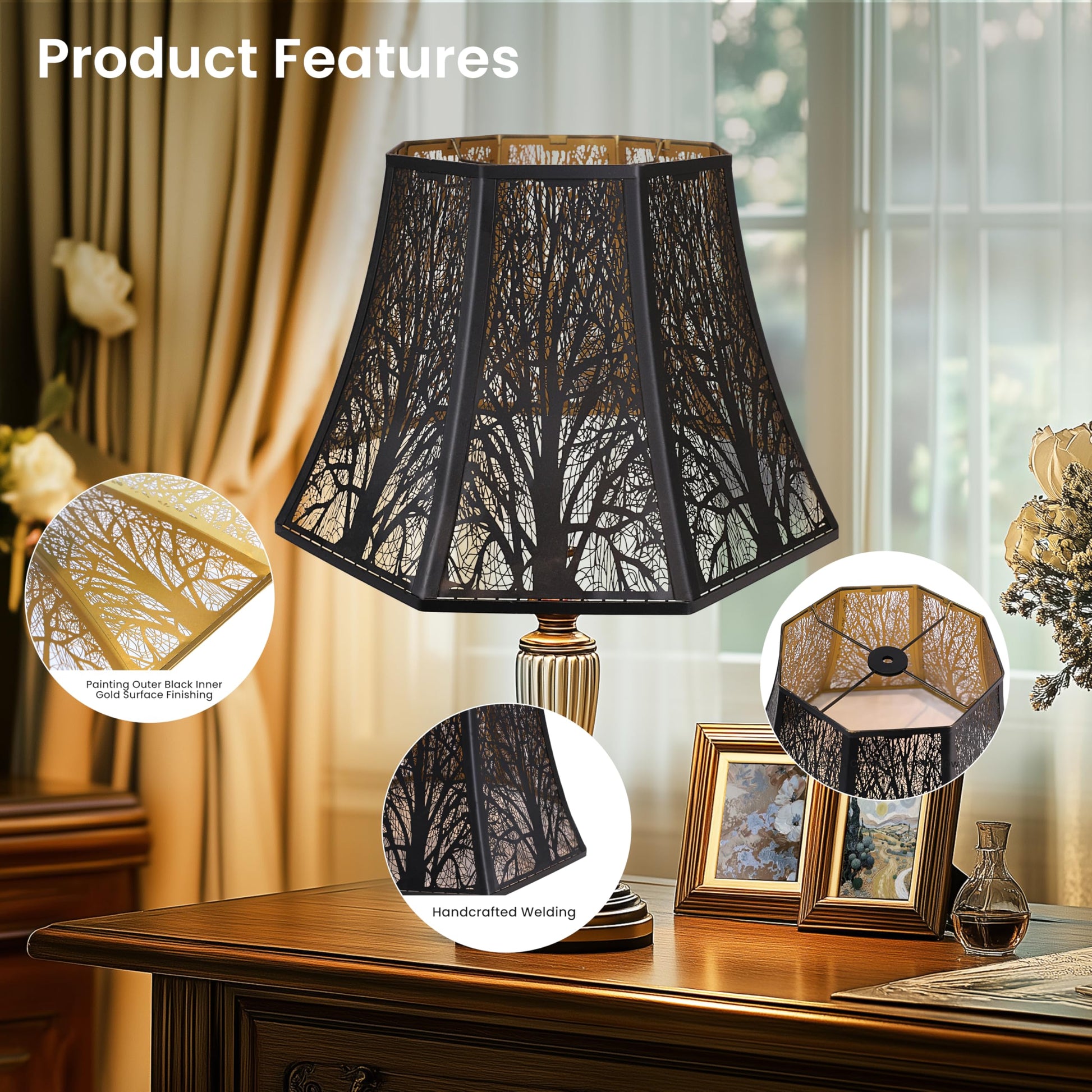 Illuminated octagon metal lampshade producing warm ambient glow through gold interior for rustic farmhouse lighting atmosphere