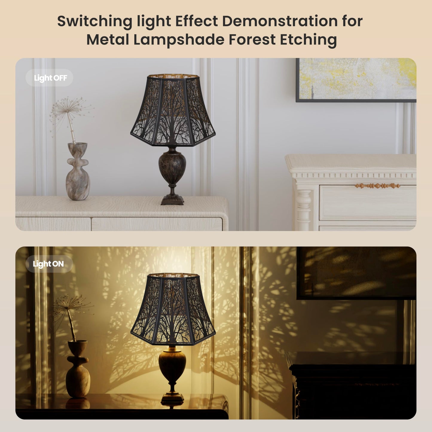 Beveled octagon metal lampshade showing 7.9 by 13.8 by 8.7 inch dimensions suitable for table lamp replacement use