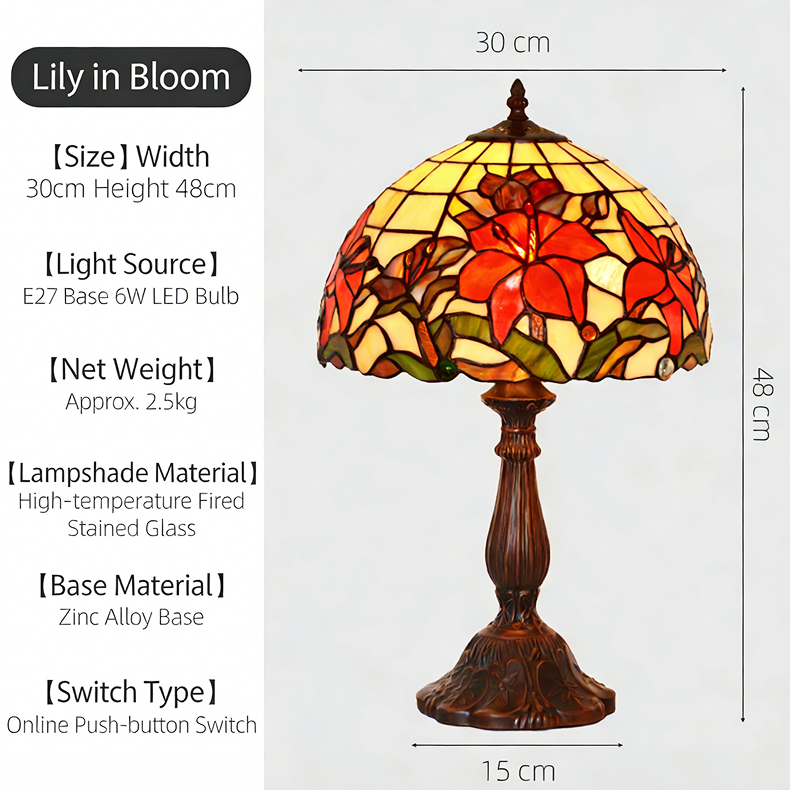 Orange Lily Tiffany table lamp featuring warm stained glass floral design with antique bronze base and bohemian style