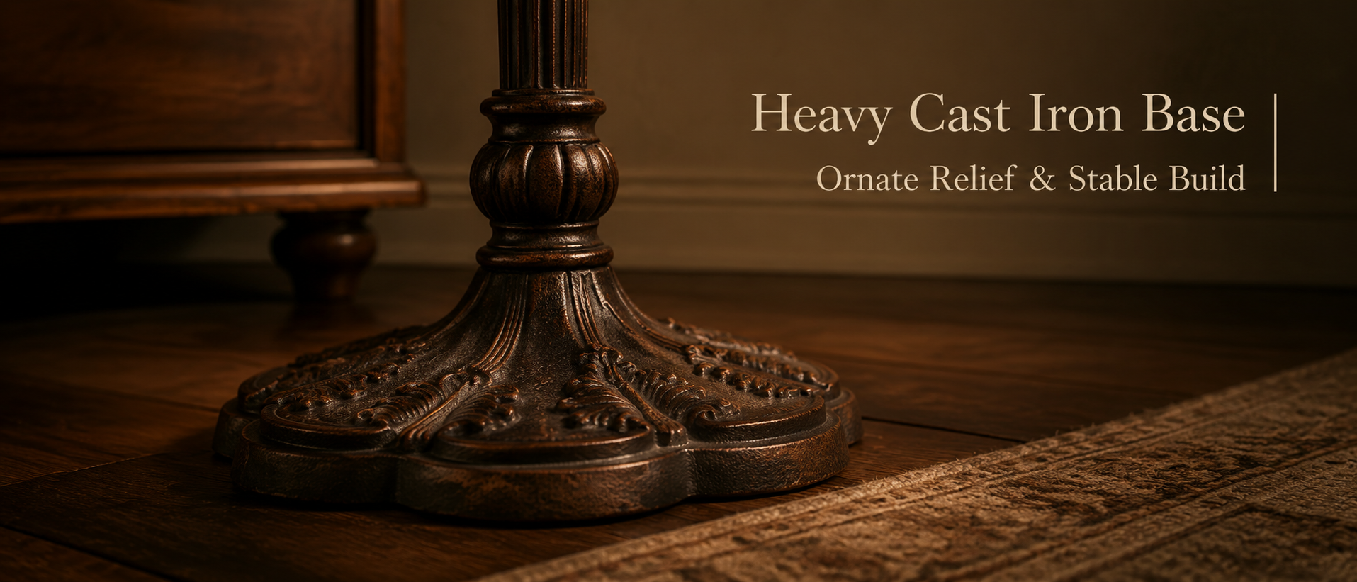 Ornate cast iron base with antique finish featuring Victorian inspired details for a decorative floor light