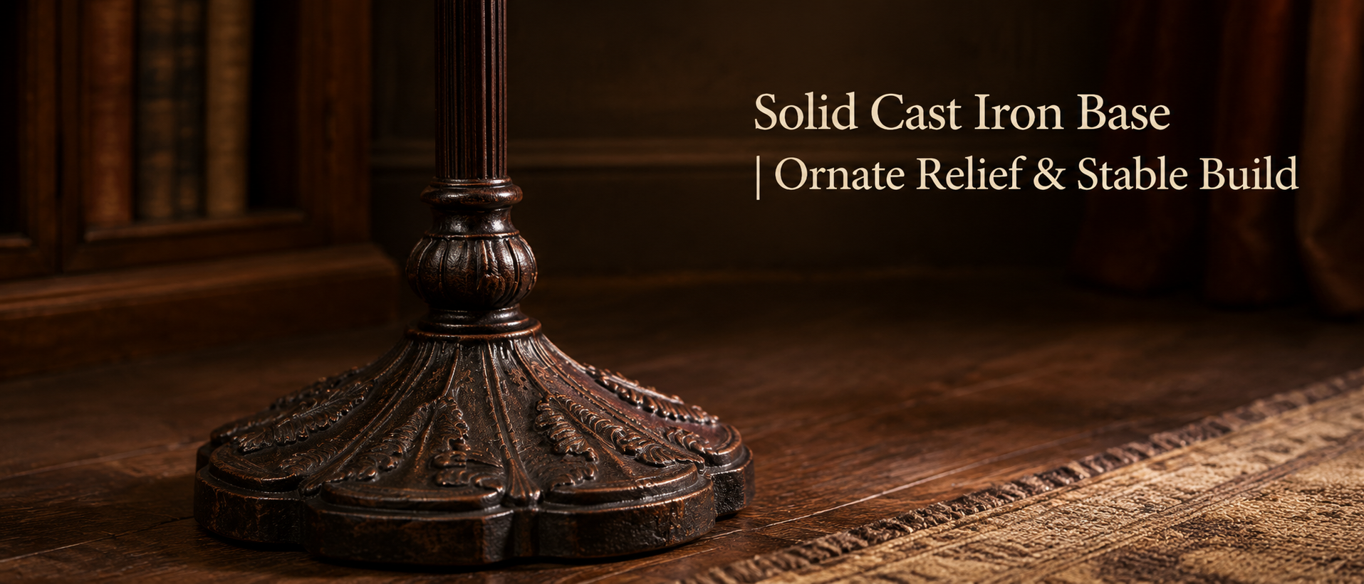 Ornate cast iron floor lamp base with vintage relief details providing stability and antique decorative appeal