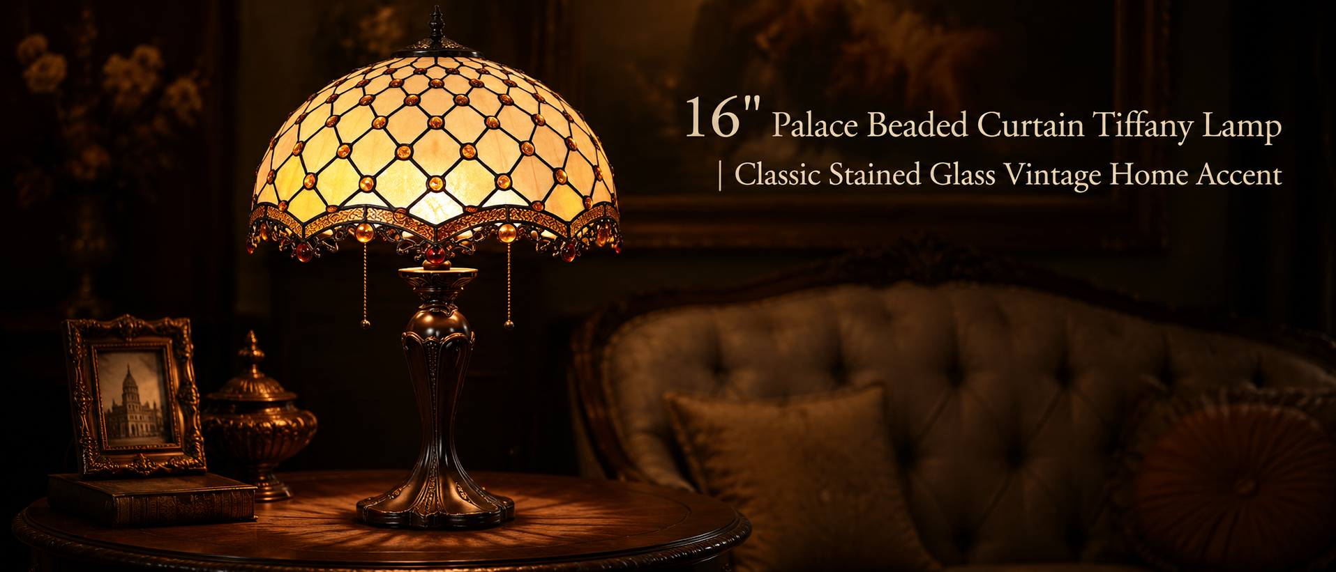Palace beaded curtain vintage lamp creating an elegant accent lighting atmosphere in a classic luxury living room