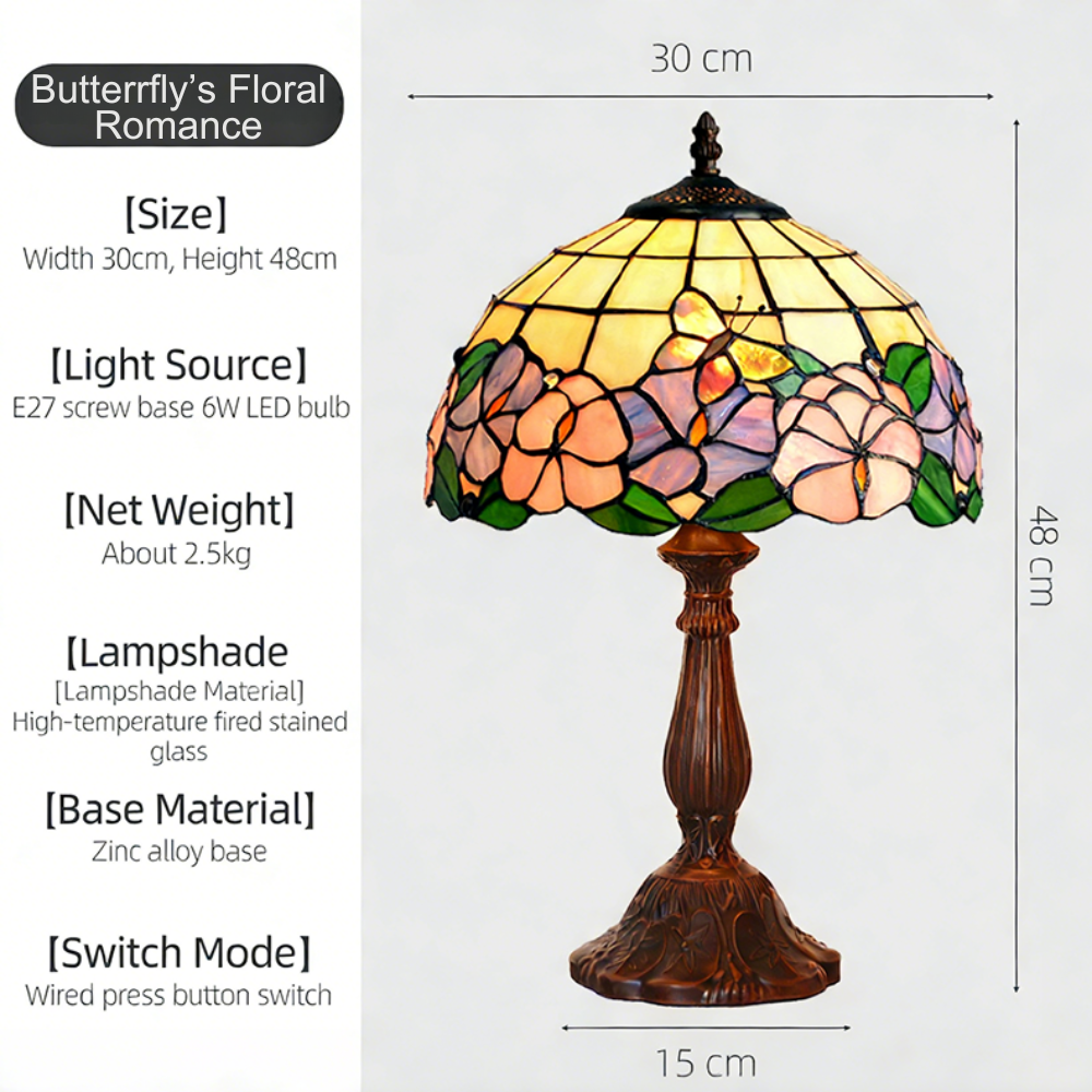 Butterfly Floral Tiffany table lamp featuring soft pastel stained glass and antique bronze base in romantic cottagecore style