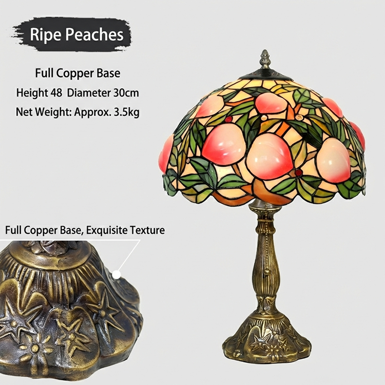 Tiffany style table lamp casting warm golden peach glow through stained glass fruit inspired shade in cozy interior