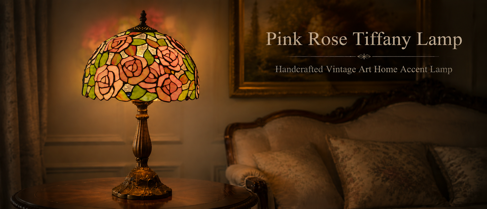 Elegant pink floral stained glass table light placed beside a vintage bed, creating a warm decorative atmosphere with classic home styling
