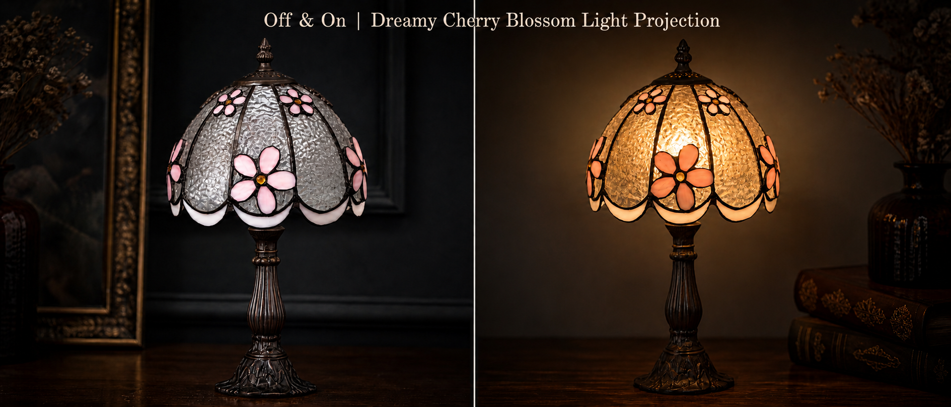 Tiffany style pink floral stained glass bedside lamp light on and off comparison showing a soft warm ambient glow
