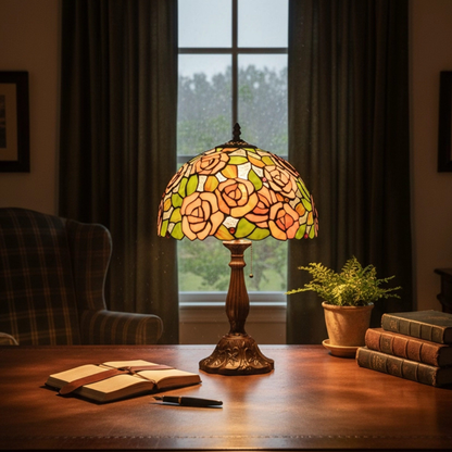 Pink Rose Tiffany table lamp placed in a cozy bedroom creating soft romantic lighting for relaxing atmosphere
