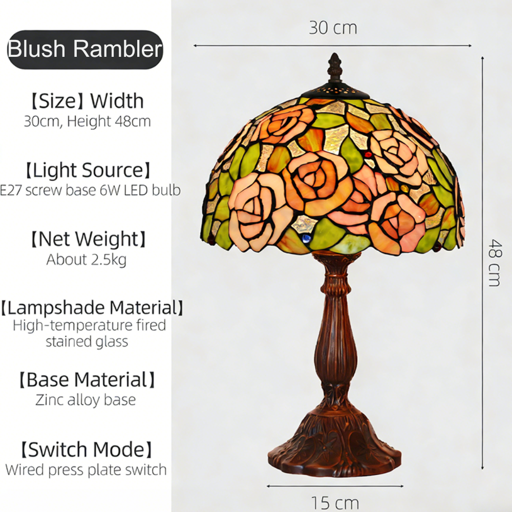 Pink Rose Tiffany table lamp featuring romantic stained glass design with warm ambient glow and cottagecore aesthetic