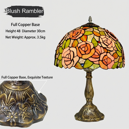 Close-up of handcrafted pink rose stained glass shade with soft blush and lavender floral detailing