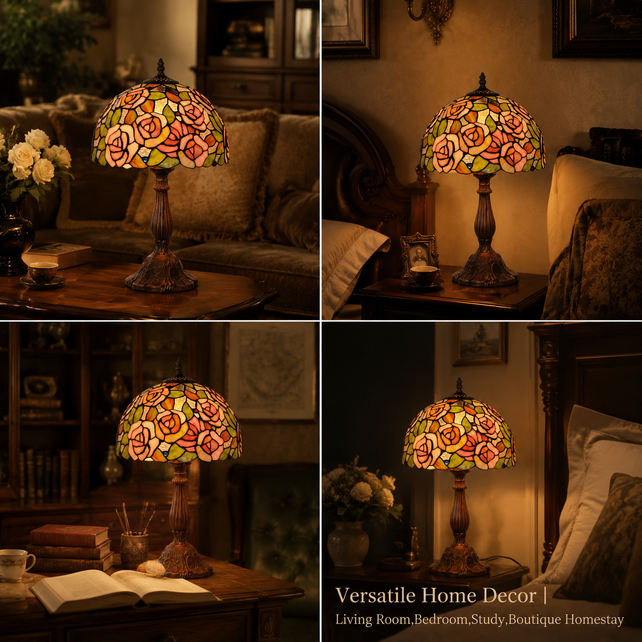 Pink rose Tiffany bedside lamp displayed in bedroom living room and study spaces as vintage stained glass home decor lighting
