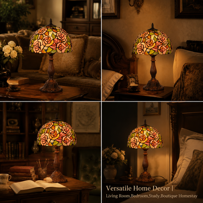 Pink rose Tiffany bedside lamp displayed in bedroom living room and study spaces as vintage stained glass home decor lighting