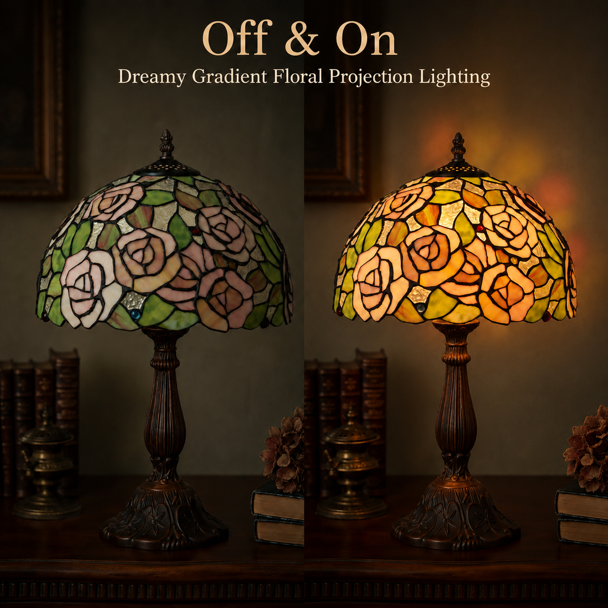 Pink rose Tiffany bedside lamp showing warm ambient glow with illuminated stained glass floral shade for cozy bedroom atmosphere