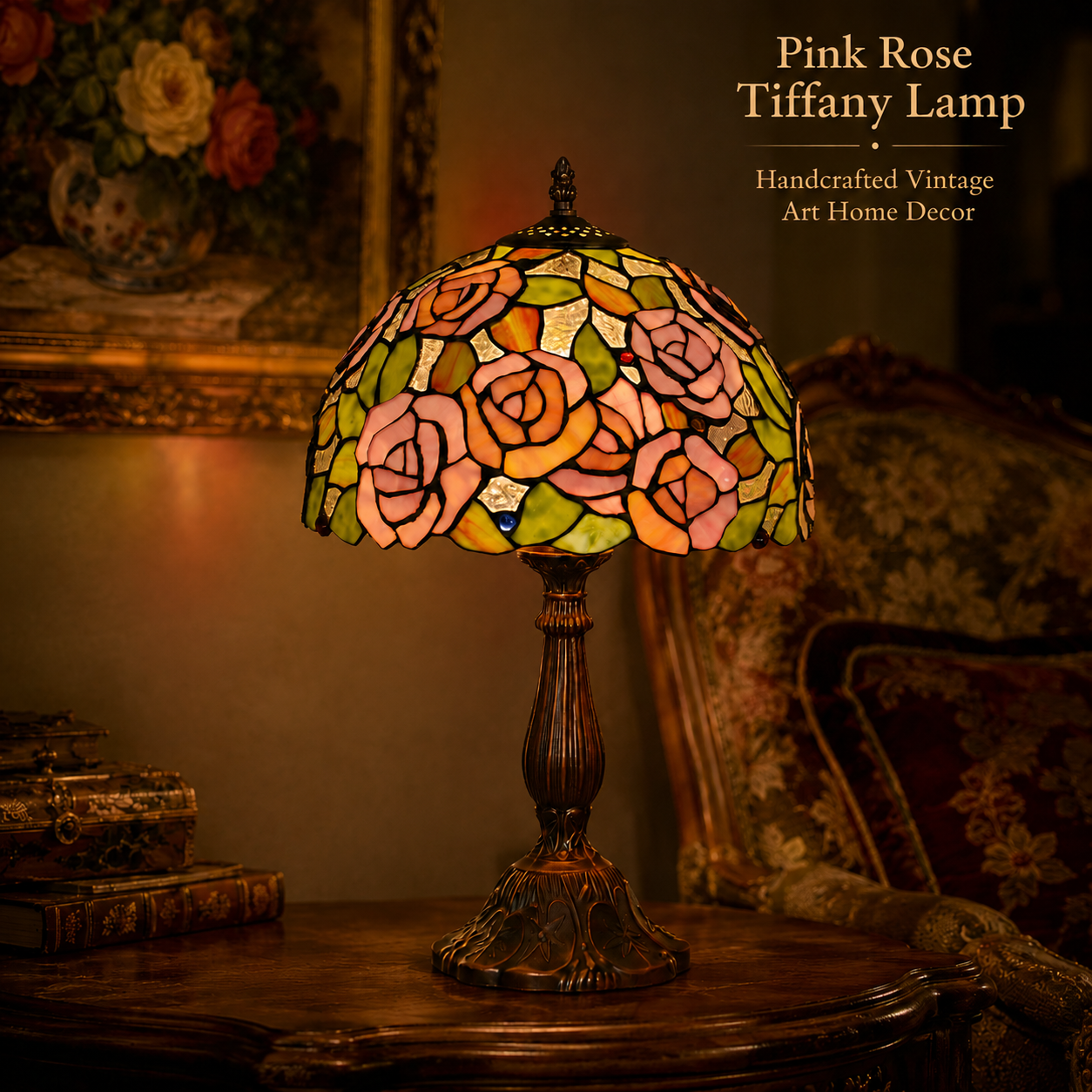 12 inch pink rose Tiffany table lamp with handmade stained glass shade and antique zinc alloy base creating warm bedside lighting in a vintage bedroom