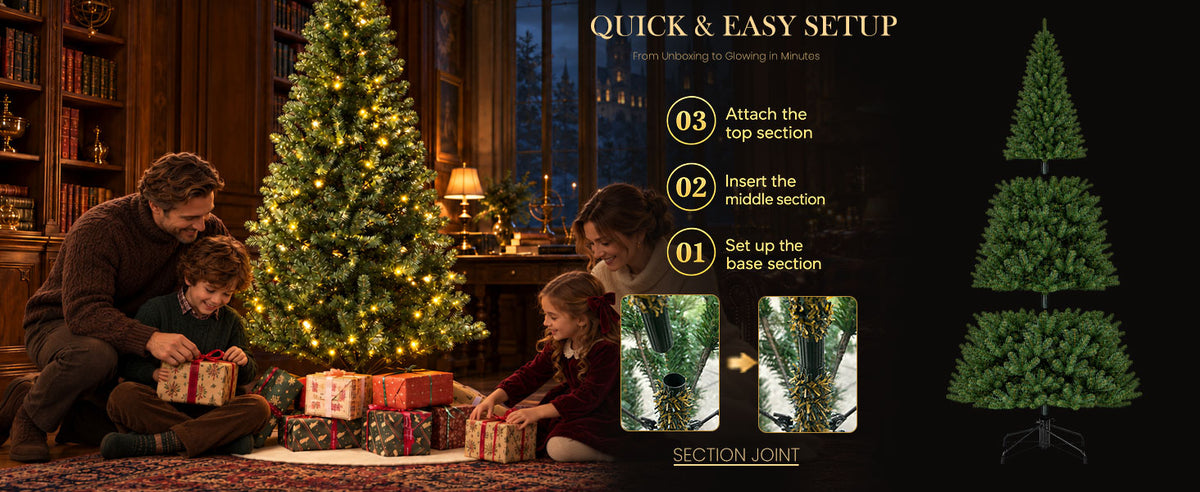 Side-by-side views of a green artificial Christmas tree with LED lights on and off, highlighting its natural evergreen appearance and warm festive illumination.