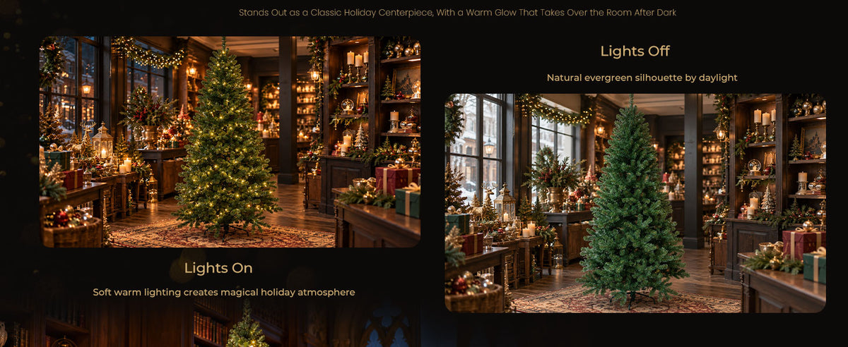 Side-by-side views of a green artificial Christmas tree with LED lights on and off, highlighting its natural evergreen appearance and warm festive illumination.