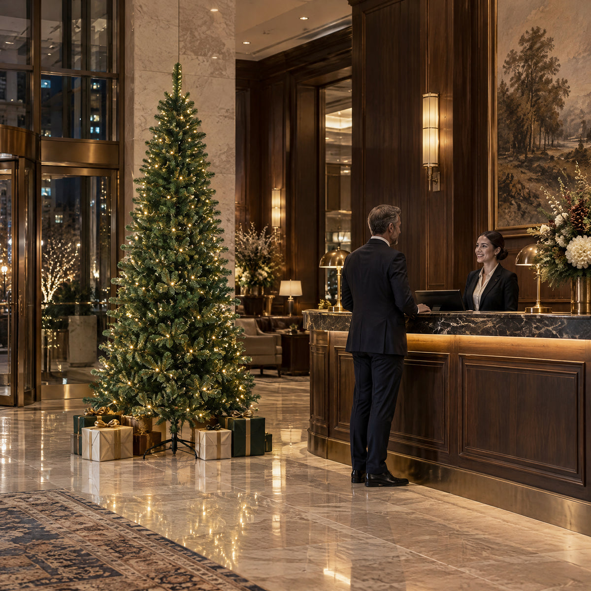 A tall green artificial Christmas tree with warm white LED lights and gift boxes displayed beside the reception desk in an elegant hotel lobby.