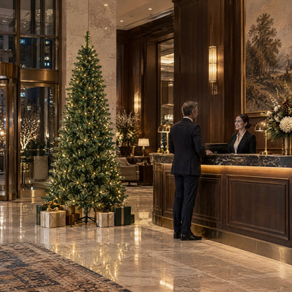 A tall green artificial Christmas tree with warm white LED lights and gift boxes displayed beside the reception desk in an elegant hotel lobby.