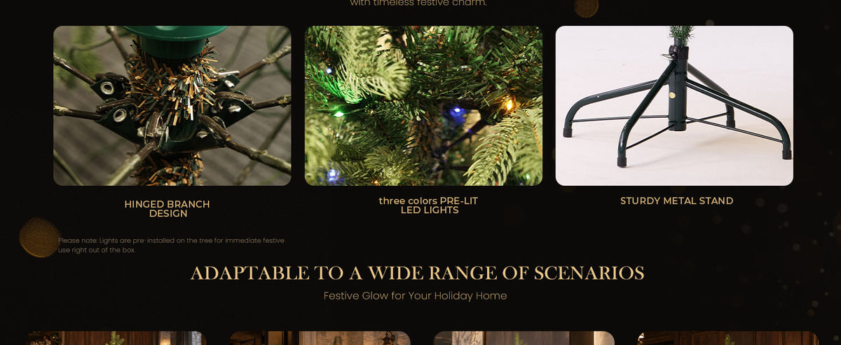 Close-up product details of an artificial Christmas tree showing hinged branch connections, multicolor pre-lit LED lights, and a sturdy black metal stand.