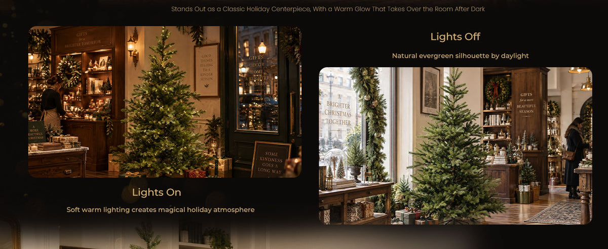 Side-by-side comparison of a green artificial Christmas tree with LED lights switched on and off, showing its natural evergreen appearance and illuminated holiday display.