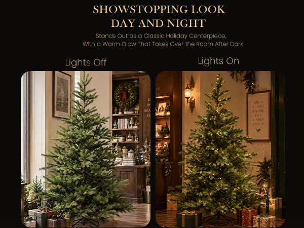 Side-by-side view of a green artificial Christmas tree with LED lights off and on, comparing its natural evergreen appearance with a warm illuminated holiday display.