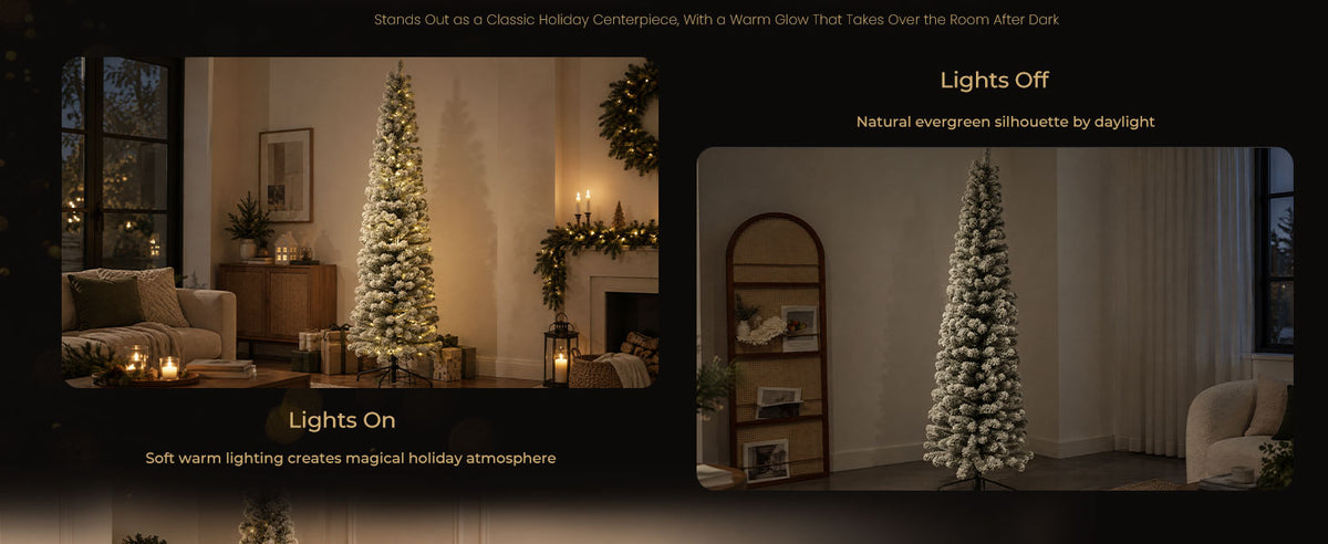 Side-by-side comparison of a snow-flocked artificial Christmas tree with LED lights turned on for a warm festive glow and turned off to show its natural snowy appearance.
