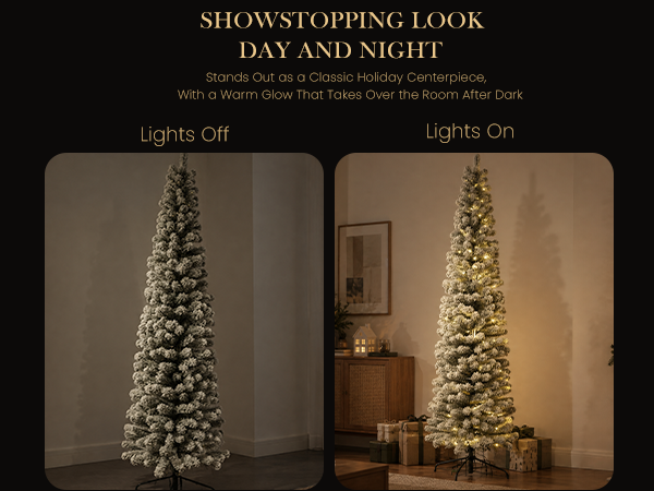 Side-by-side comparison of a snow-flocked pre-lit Christmas tree with the lights off, showing its natural snowy branches, and the lights on, creating a warm festive glow.