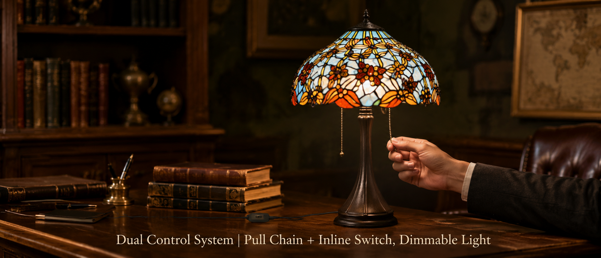 Tiffany style table lamp featuring pull chain control and convenient inline switch operation for home use
