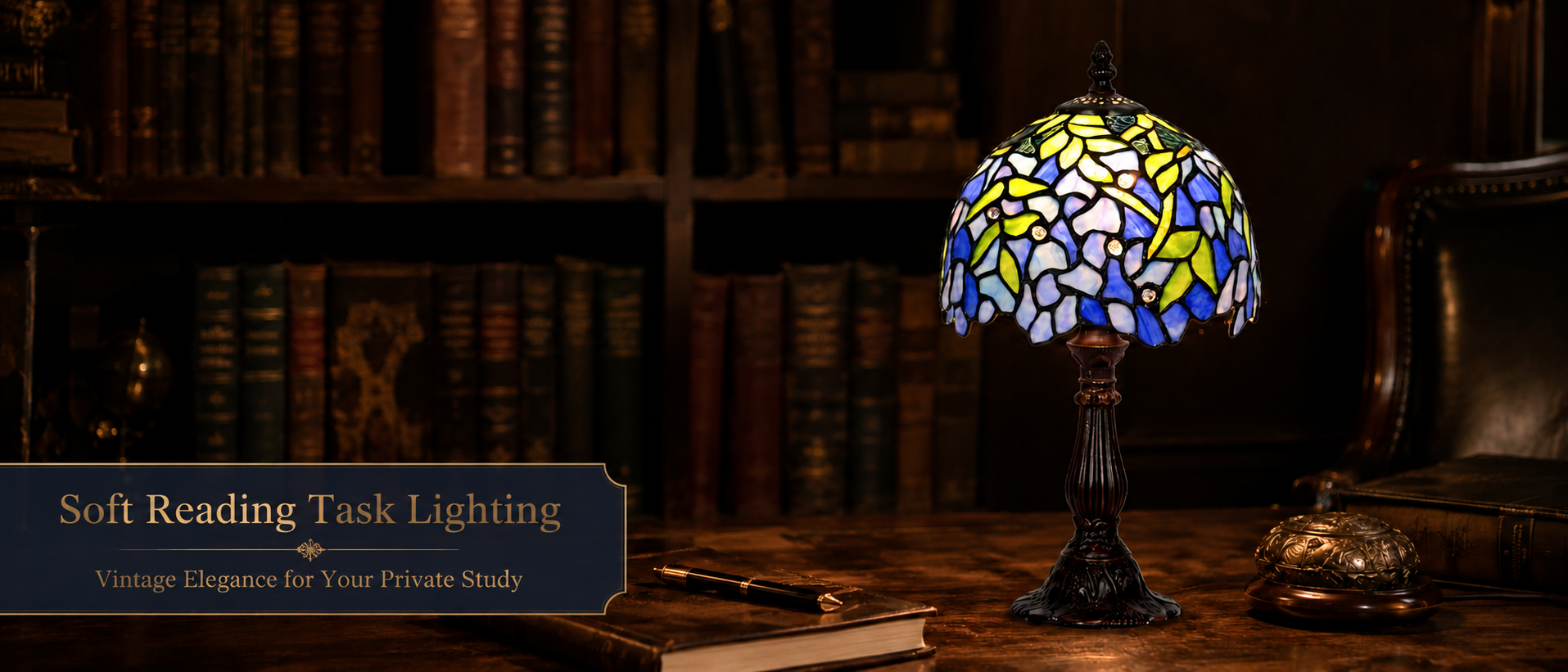Purple wisteria desk lamp providing soft reading light on an antique study desk surrounded by books and vintage decor