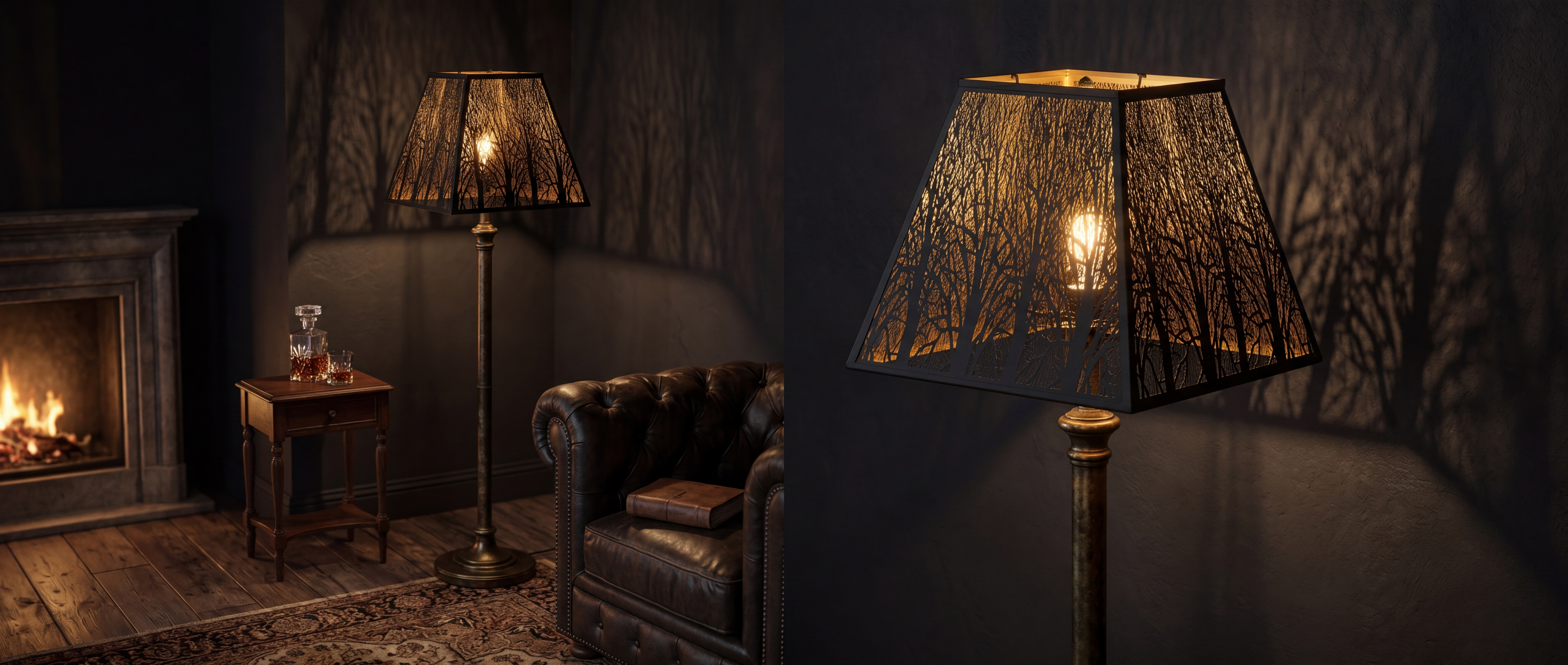 Pyramid Metal Lamp Shade with Square Bell Shape and Forest Etched Detailing Two-Panel Presentation Banner - Left Panel "FLOOR LAMP IN COZY LIVING ROOM SETTING" - Shade Installed on Tall Elegant Antique Brass or Aged Bronze Candlestick Floor Lamp with Decorative Urn-Shaped Stem and Round Fluted Base Placed on Rich Plush Traditional Oriental or Persian Pattern Area Rug or Carpet with Red, Gold, Beige, and Brown Motifs - Cozy Rustic Traditional Farmhouse or Lodge Style Living Room or Den Features Rough-Hewn Na