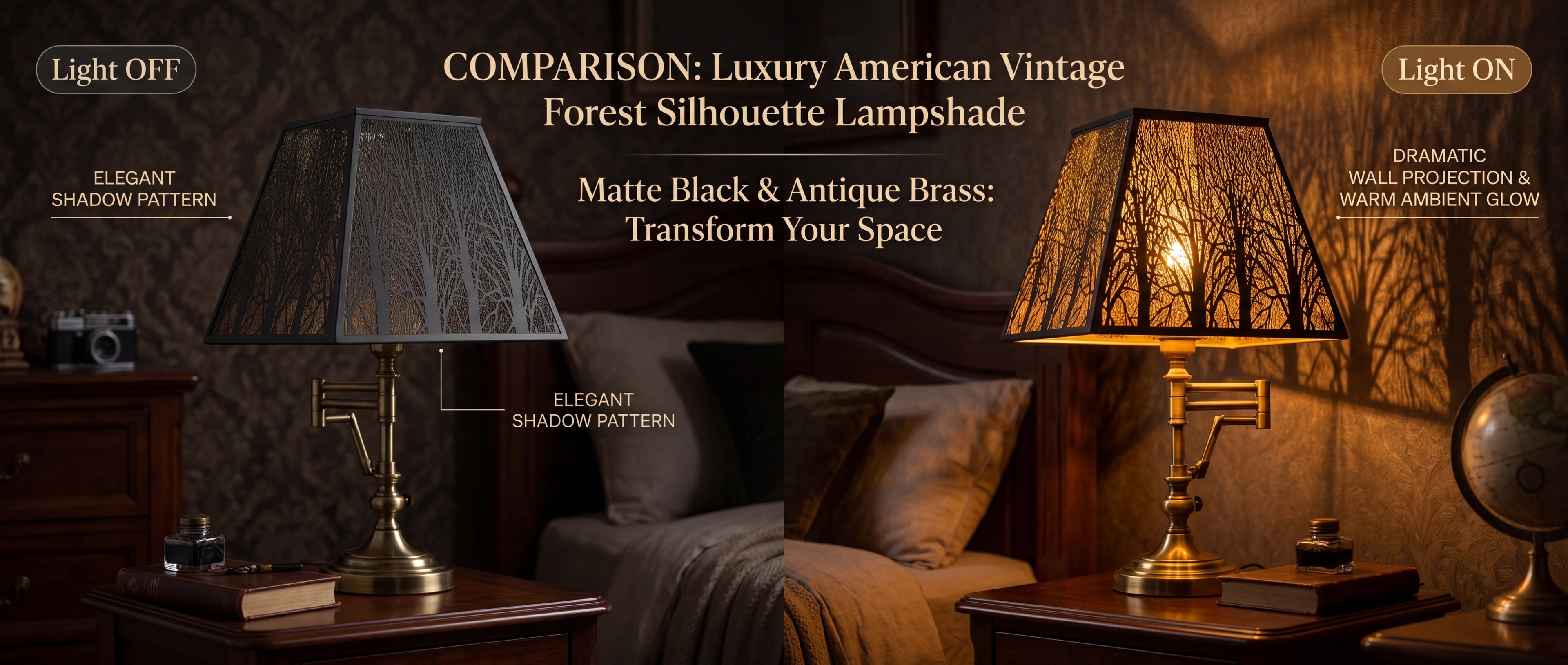 Pyramid Metal Lamp Shade with Square Bell Shape and Forest Silhouette Design "COMPARISON: Luxury American Vintage Forest Silhouette Lampshade" Two-Panel Comparison Banner - Center Text Reads "Matte Black & Antique Brass: Transform Your Space" - Both Panels Feature Same Elegant Antique Brass or Antique Gold Adjustable Swing-Arm or Desk Lamp with Industrial or Drafting Style Design and Decorative Knob or Handle - Lamp Resting on Dark Wood Nightstand or Bedside Table with Decorative Stack of One Antique Leathe