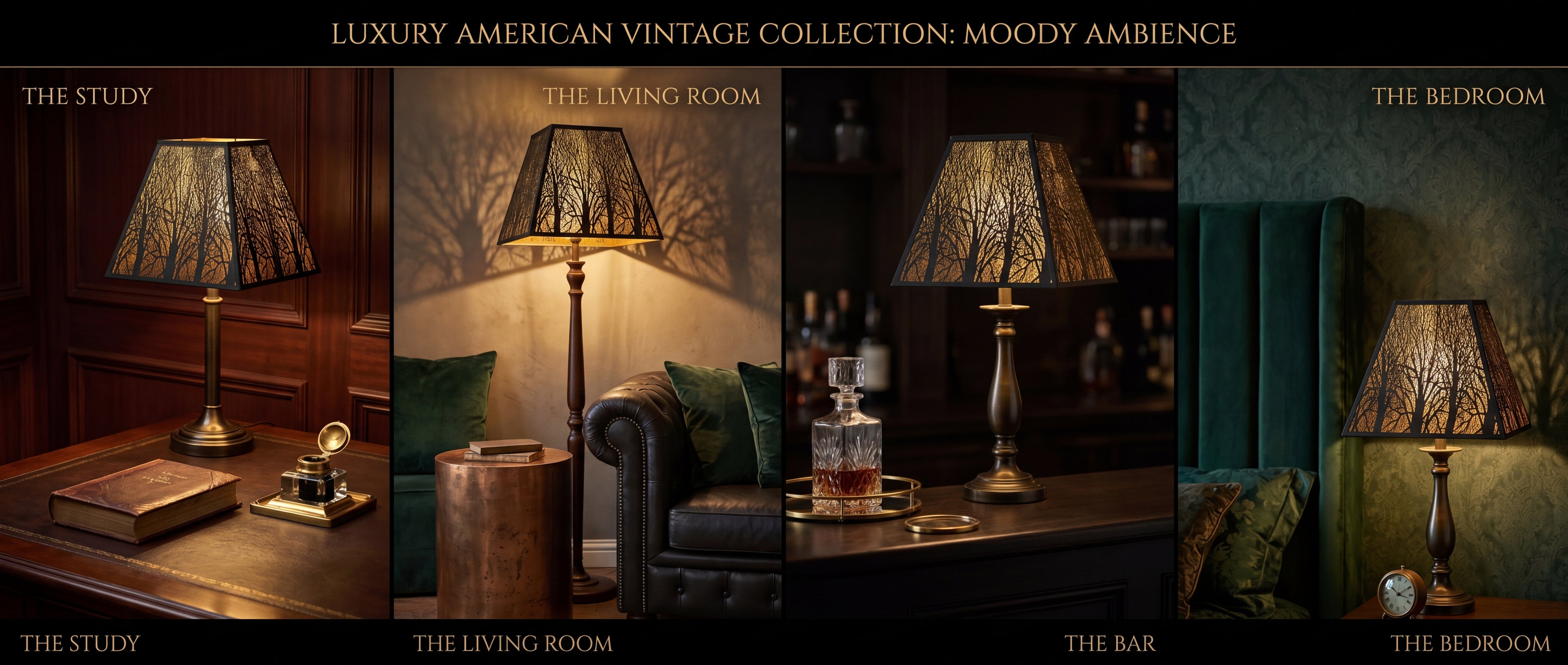 Pyramid Metal Lamp Shade with Square Bell Shape and Forest Etched Detailing "LUXURY AMERICAN VINTAGE COLLECTION: MOODY AMBIENCE" Four-Panel Multi-Room Application Grid Banner - Top Title Text "LUXURY AMERICAN VINTAGE COLLECTION: MOODY AMBIENCE" - Four Separate Room Settings Each with Decorative Label: Left Panel "THE STUDY" (Label at Top Left and Bottom Left) - Shade on Elegant Antique Brass or Antique Gold Candlestick Table Lamp with Round Fluted Base on Large Polished Dark Walnut Wood Executive Desk or Li