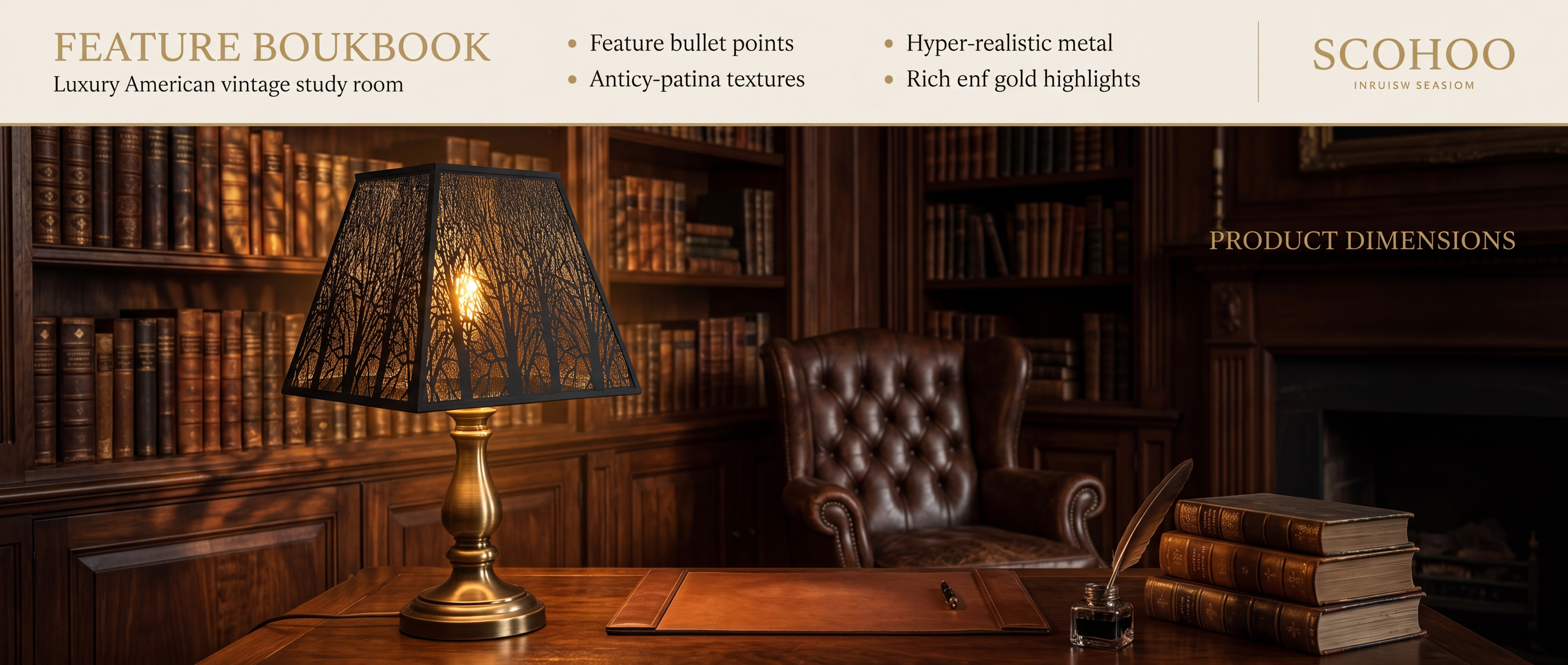 Pyramid Metal Lamp Shade with Square Bell Shape and Forest Silhouette Design "FEATURE BOUKBOOK - Luxury American vintage study room" Feature Banner - Left Side Text Description with Three Bullet Points Reads: Feature bullet points - Anticy-patina textures - Hyper-realistic metal - Rich enf gold highlights - Right Side Brand Logo Text "SCOHOO INRUISW SEASIOM" with "PRODUCT DIMENSIONS" Text Below - Main Large Image Shows Shade Installed on Elegant Antique Brass or Antique Gold Candlestick Table Lamp with Deco