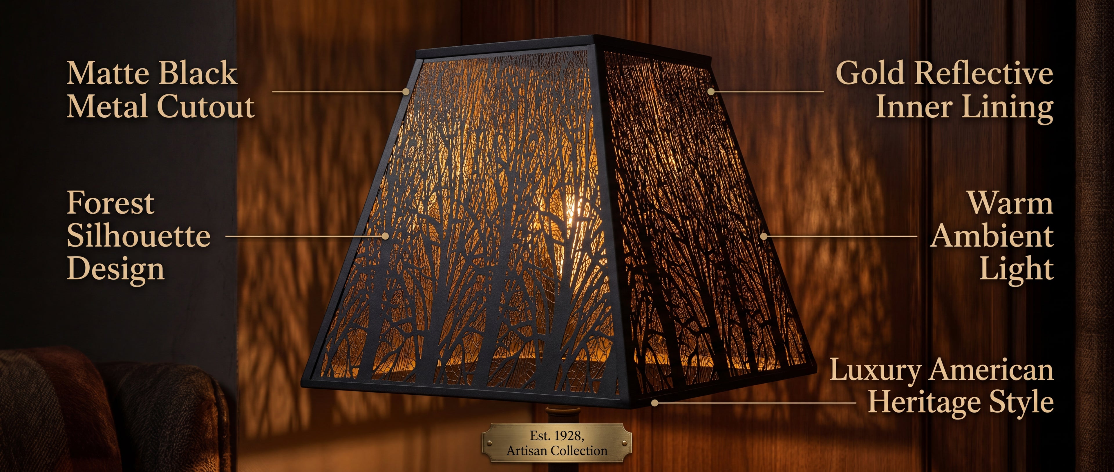 Pyramid Metal Lamp Shade with Square Bell Shape and Forest Silhouette Design Product Features Detail Annotation Banner - Main Image Shows Lamp Shade from Three-Quarter Angle Illuminated from Within with Warm Light Against Rich Dark Walnut Wood Grain Panel Wall Background - Decorative Brass or Gold Plaque at Bottom Reads "Est. 1928, Artisan Collection" - Five Numbered Feature Annotations with White Lines Pointing to Specific Details: 1) "MATTE BLACK METAL CUTOUT" - Points to Black Metal Frame and Cutout Patt